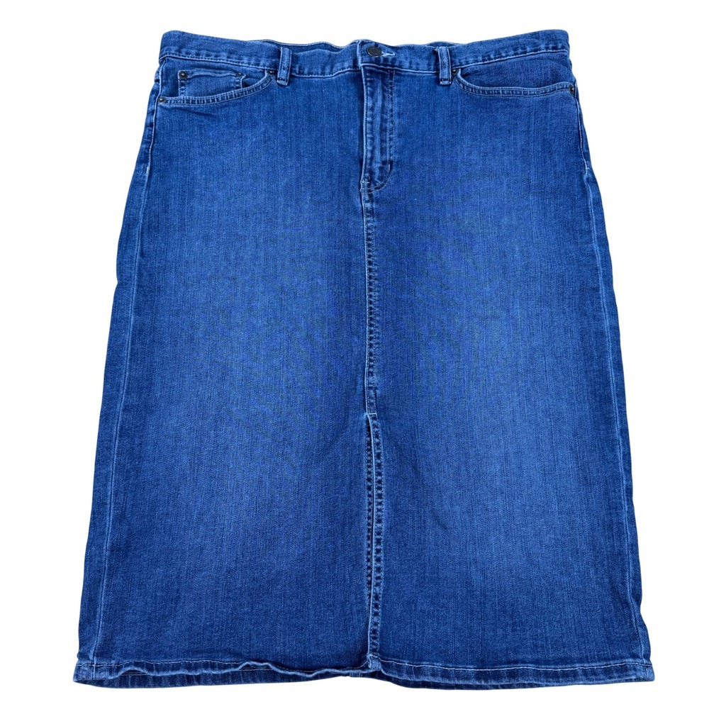 Lauren Ralph Lauren Denim Pencil Skirt Medium Wash Front‎ Slit Midi Size 14